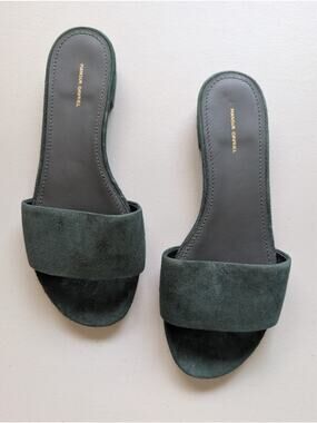New Mansur Gavriel Suede Flat Slide Sandal Size 36.5 Dark Green